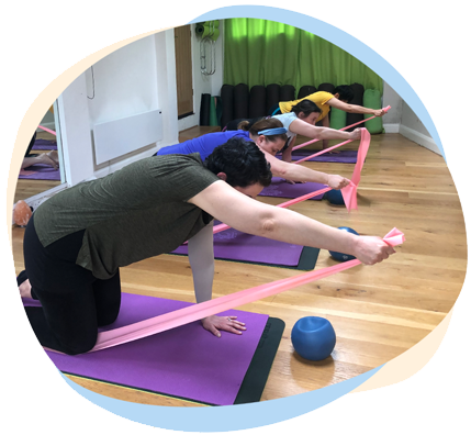 women using resistance bands in fitness studio